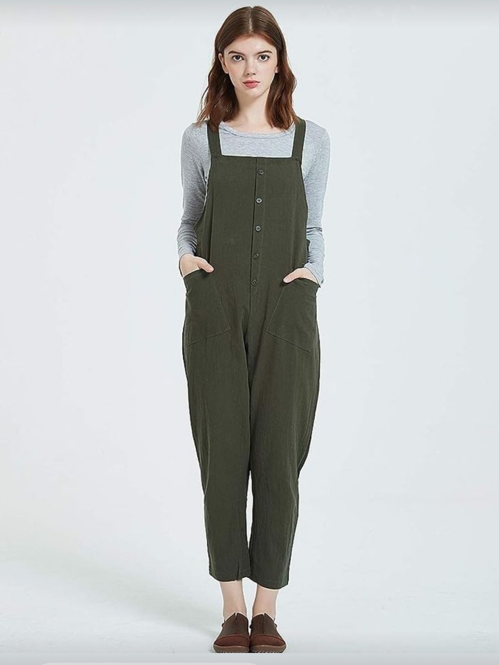 JASUMAVA | Cotton Blend Button Front Olive Green Cotton Overalls